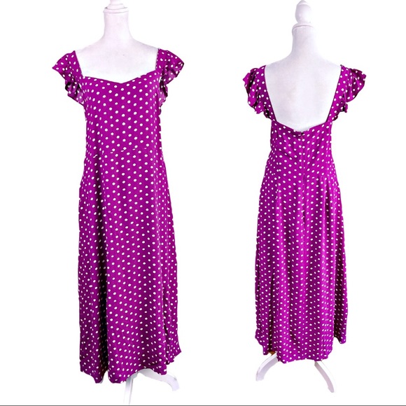 LOFT Dresses & Skirts - PLUS SIZE 14 LOFT hot pink fuschia polkadot ruffle sleeve pinafore maxi dress